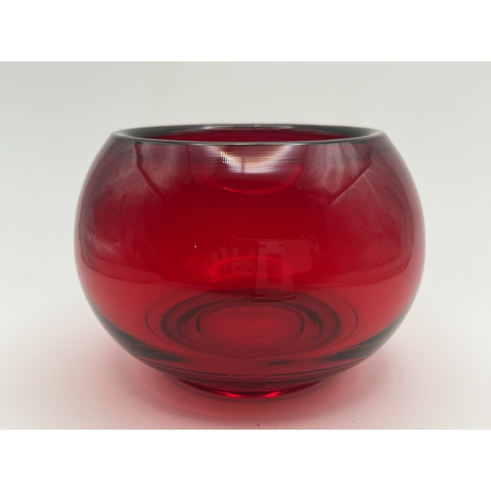 Vintage Viking Glass Ruby Red Rose Bowl Vase 3 1/4" Rolled Rim MCM 1960's